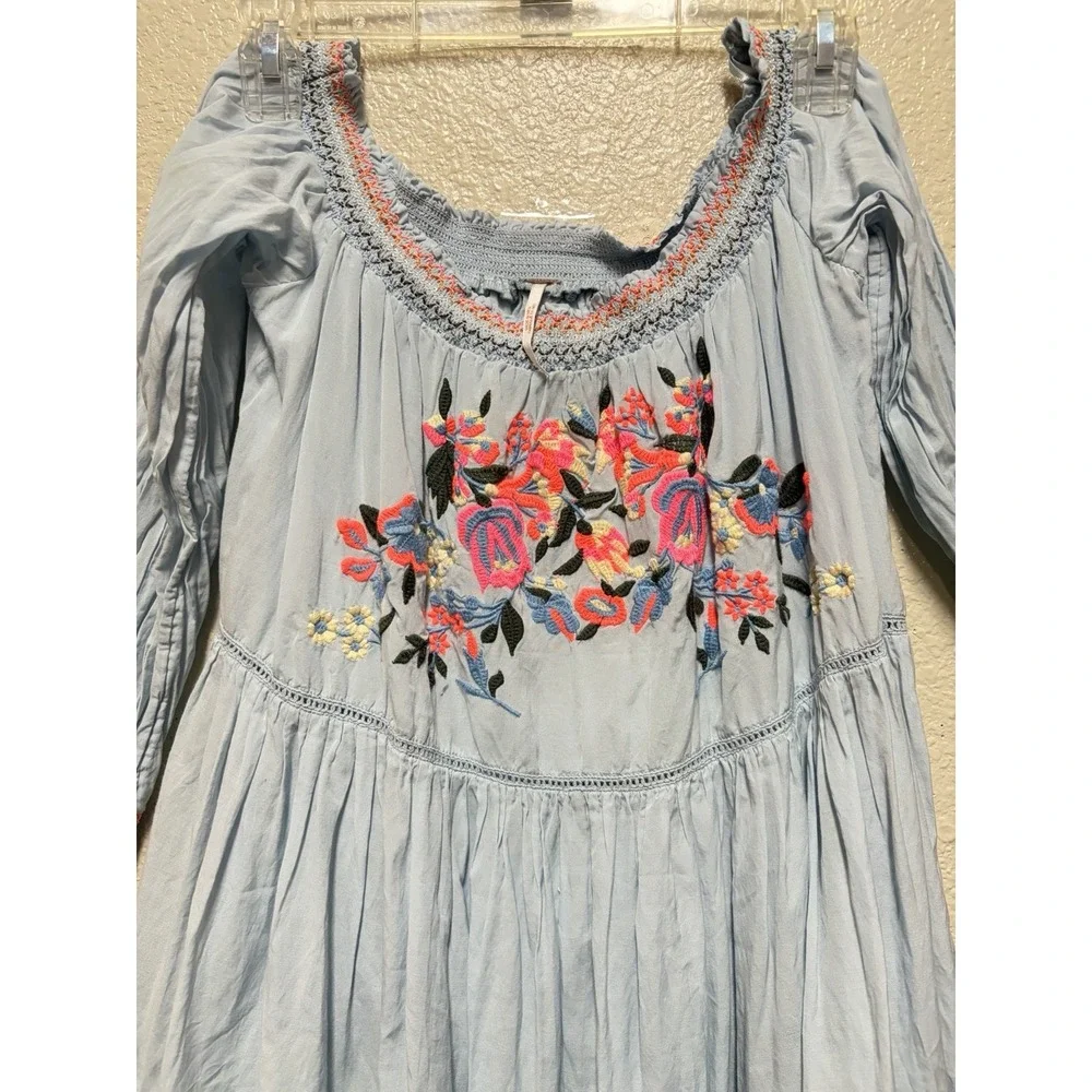 Free People Blue Woven Floral Embroidered Smocked Off Shoulder Mini Dress S